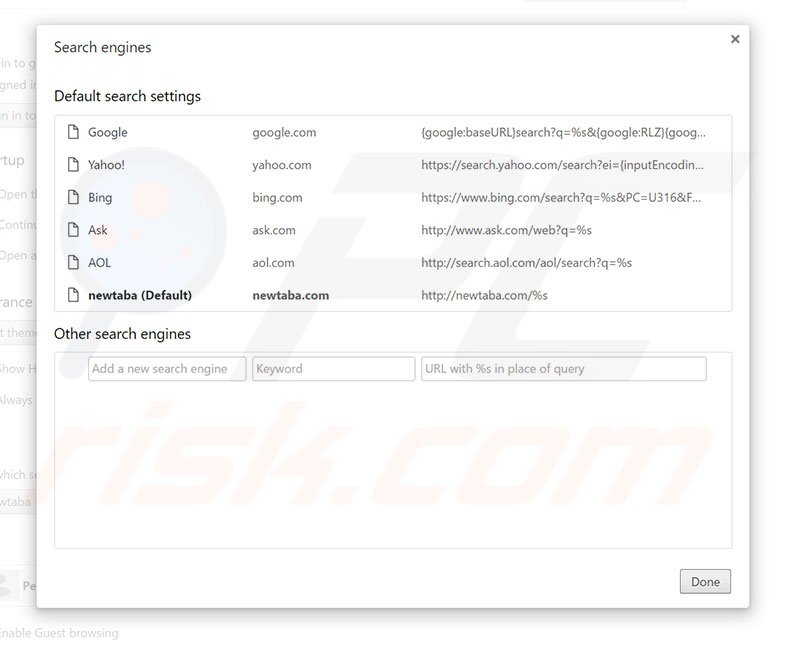 Removing newtaba.com from Google Chrome default search engine