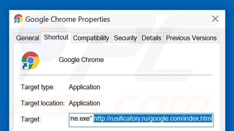Removing rusificatory.ru from Google Chrome shortcut target step 2