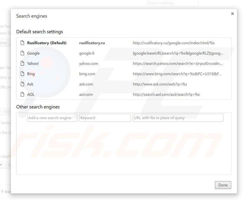 Removing rusificatory.ru from Google Chrome default search engine