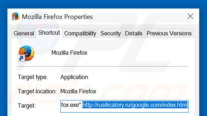 Removing rusificatory.ru from Mozilla Firefox shortcut target step 2