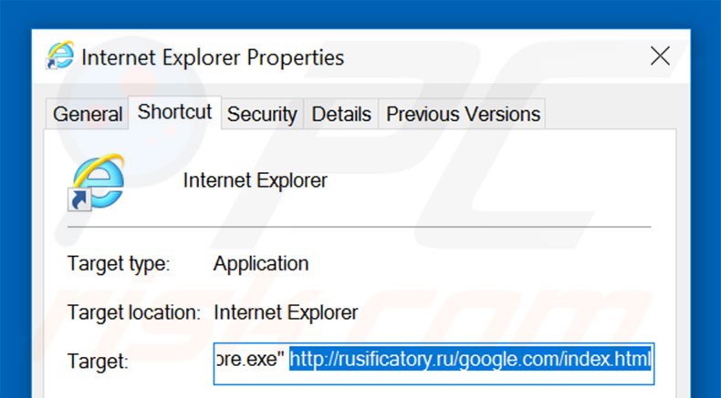 Removing rusificatory.ru from Internet Explorer shortcut target step 2