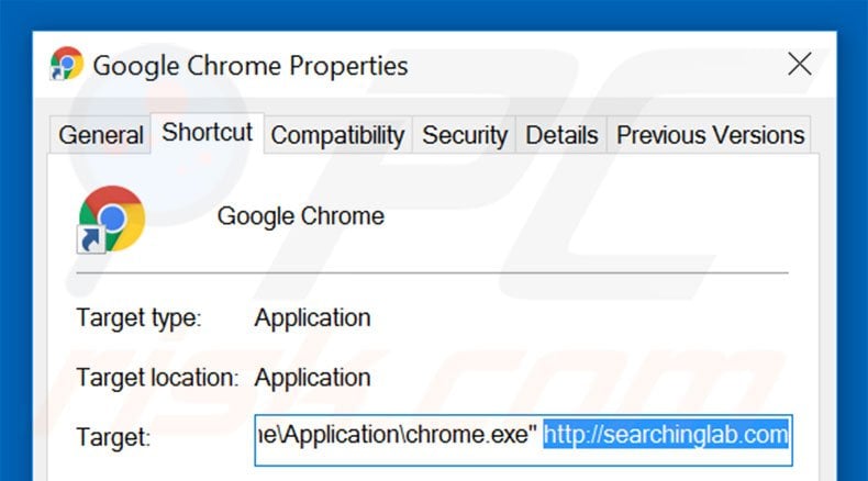Removing searchinglab.com from Google Chrome shortcut target step 2