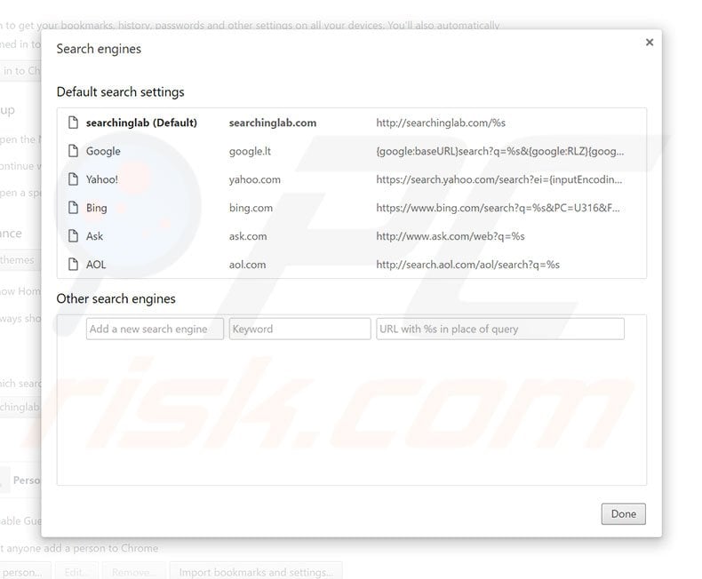 Removing searchinglab.com from Google Chrome default search engine