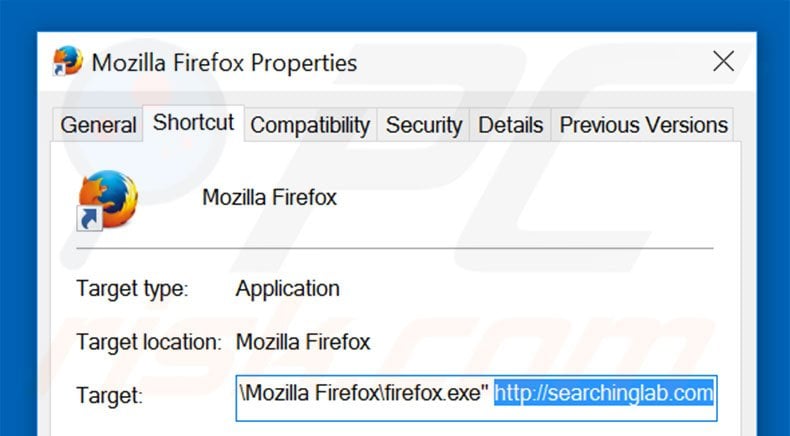 Removing searchinglab.com from Mozilla Firefox shortcut target step 2