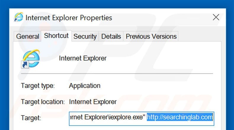 Removing searchinglab.com from Internet Explorer shortcut target step 2