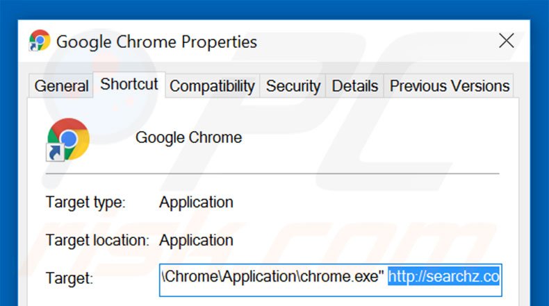 Removing searchz.co from Google Chrome shortcut target step 2