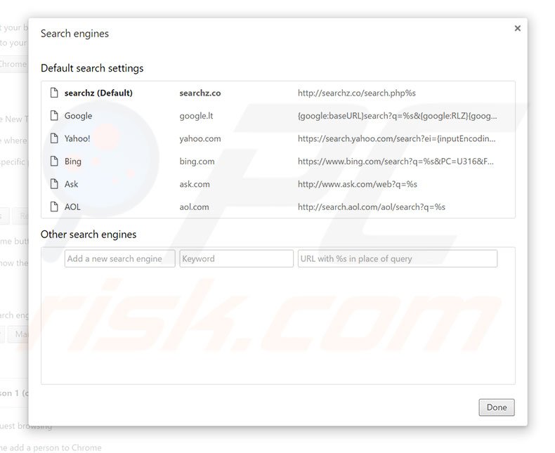 Removing searchz.co from Google Chrome default search engine