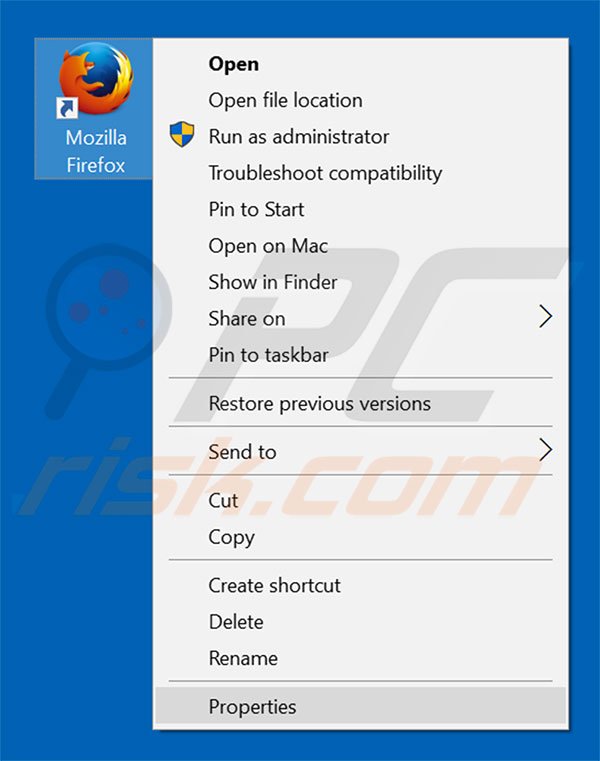 Removing searchz.co from Mozilla Firefox shortcut target step 1