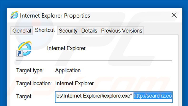 Removing searchz.co from Internet Explorer shortcut target step 2