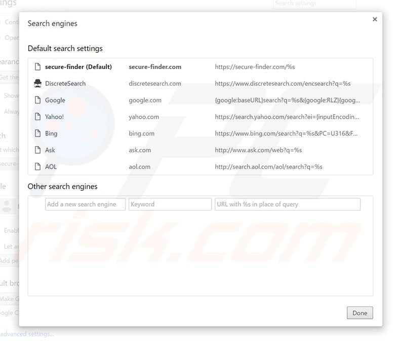 Removing secure-finder.com from Google Chrome default search engine