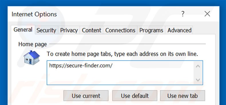 Removing secure-finder.com from Internet Explorer homepage