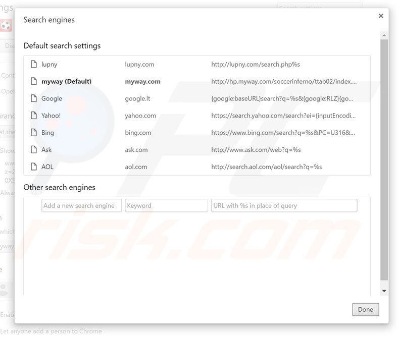 Removing hp.myway.com from Google Chrome default search engine