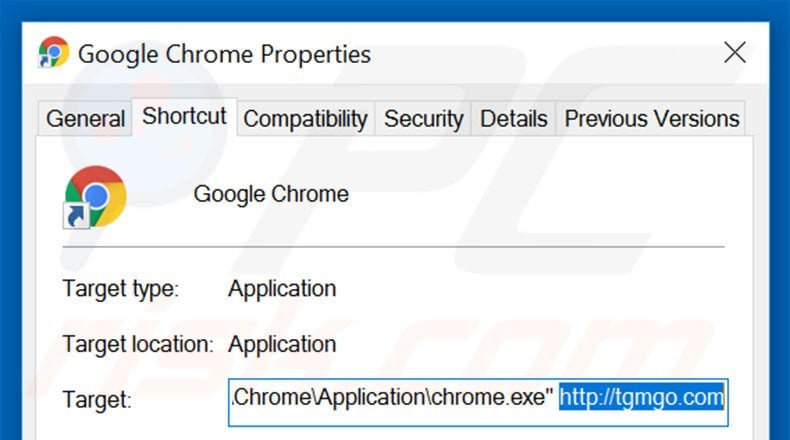 Removing tgmgo.com from Google Chrome shortcut target step 2