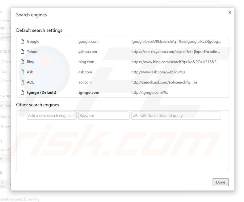 Removing tgmgo.com from Google Chrome default search engine