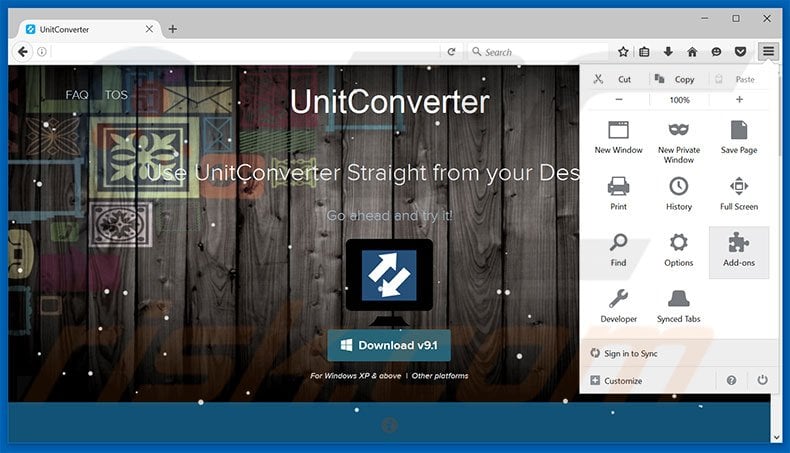 Removing UnitConverter ads from Mozilla Firefox step 1