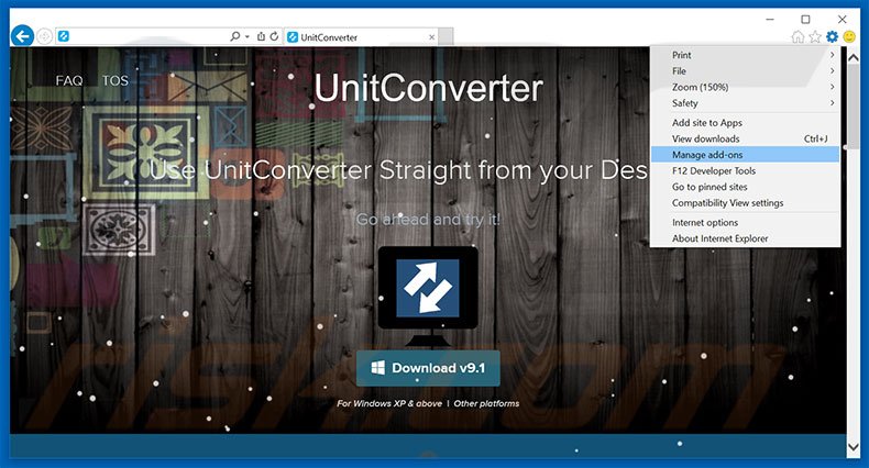 Removing UnitConverter ads from Internet Explorer step 1
