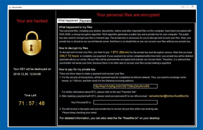 venuslocker ransomware main pop-up