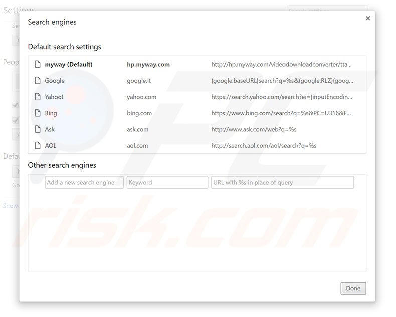 Removing hp.myway.com from Google Chrome default search engine