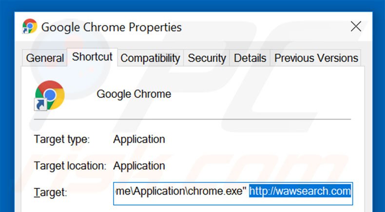 Removing wawsearch.com from Google Chrome shortcut target step 2