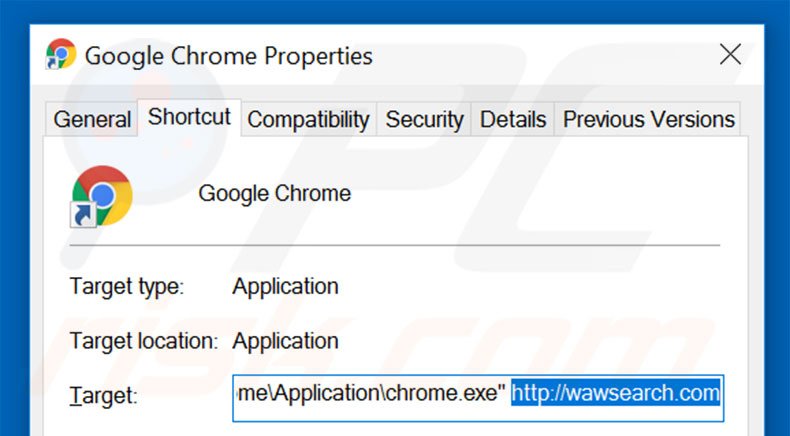 Removing wawsearch.com from Google Chrome shortcut target step 2