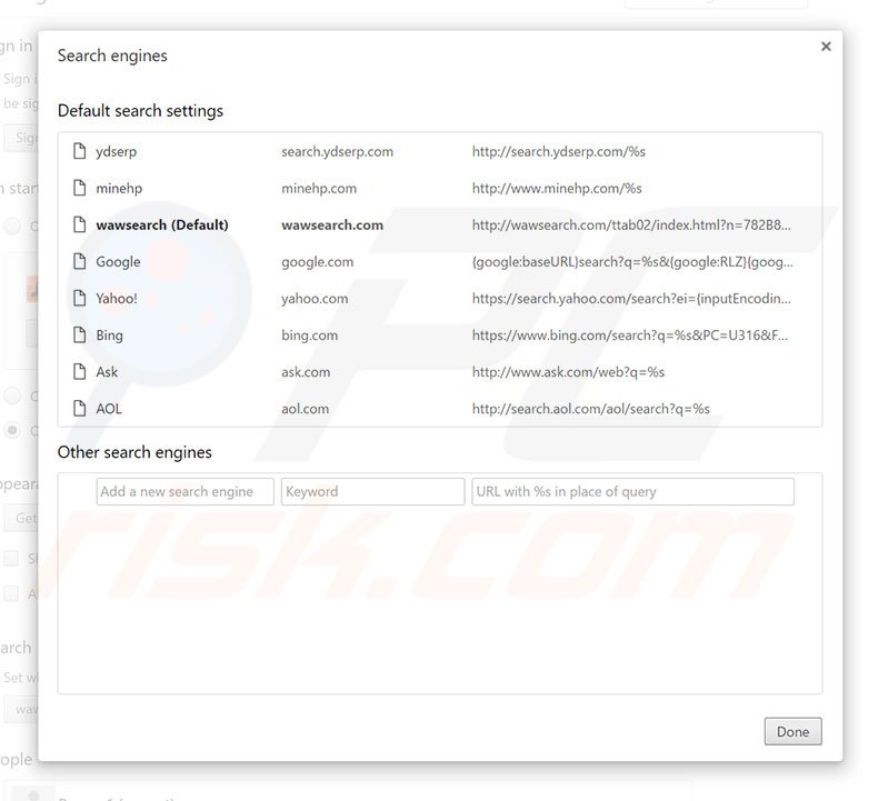 Removing wawsearch.com from Google Chrome default search engine