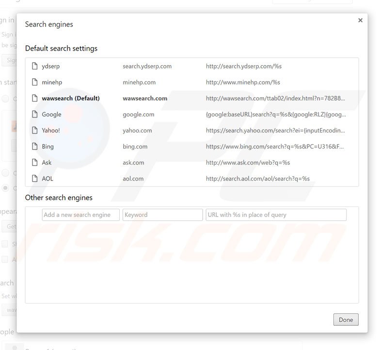 Removing wawsearch.com from Google Chrome default search engine