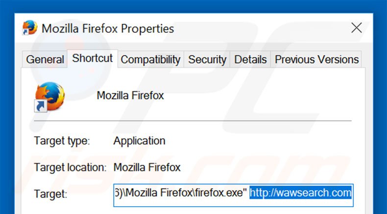 Removing wawsearch.com from Mozilla Firefox shortcut target step 2