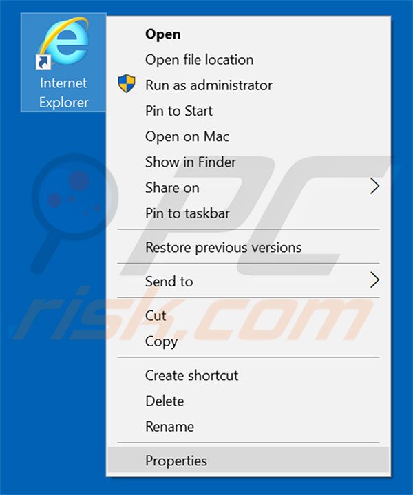 Removing wawsearch.com from Internet Explorer shortcut target step 1