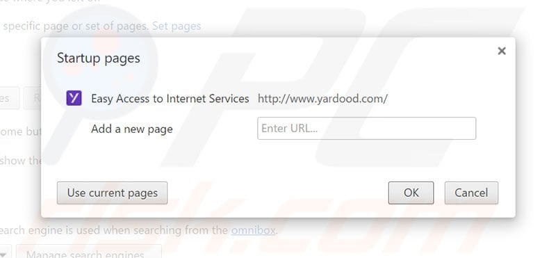 Removing yardood.com from Google Chrome homepage