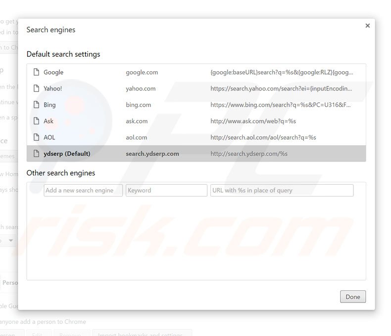 Removing search.ydserp.com from Google Chrome default search engine