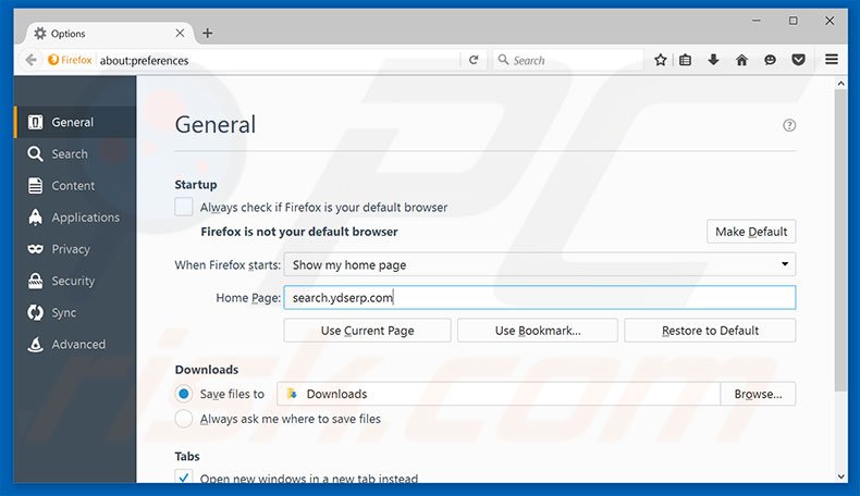 Removing search.ydserp.com from Mozilla Firefox homepage