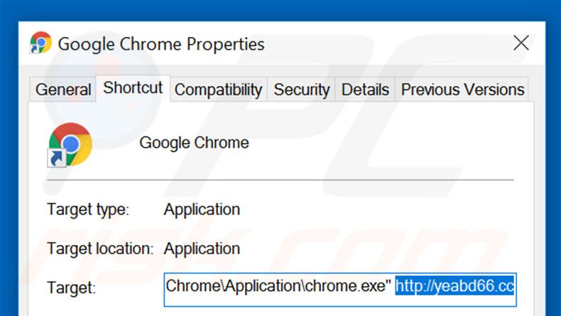 Removing yeabd66.cc from Google Chrome shortcut target step 2