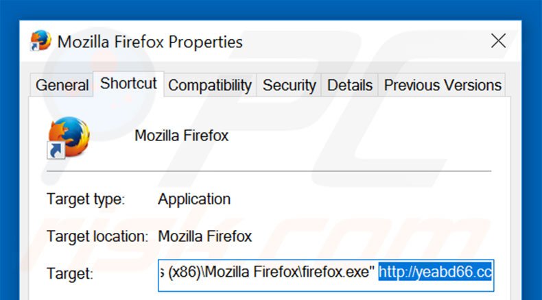 Removing yeabd66.cc from Mozilla Firefox shortcut target step 2