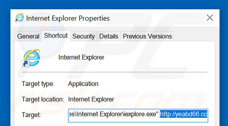 Removing yeabd66.cc from Internet Explorer shortcut target step 2