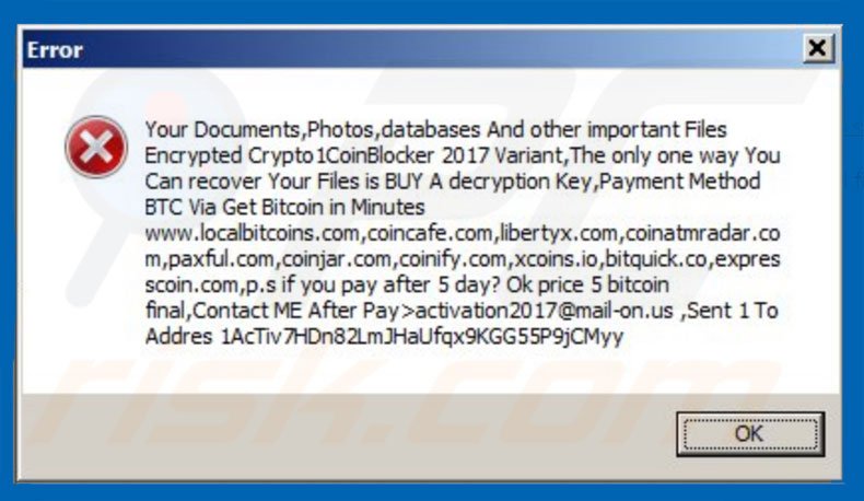 Crypto1CoinBlocker displaying fake error