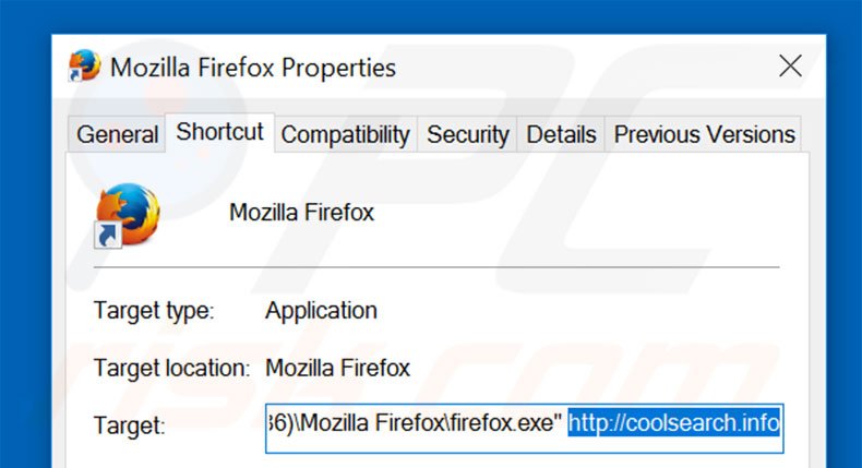 Removing coolsearch.info from Mozilla Firefox shortcut target step 2