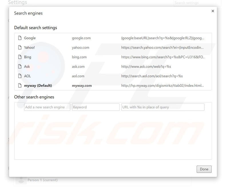 Removing hp.myway.com from Google Chrome default search engine