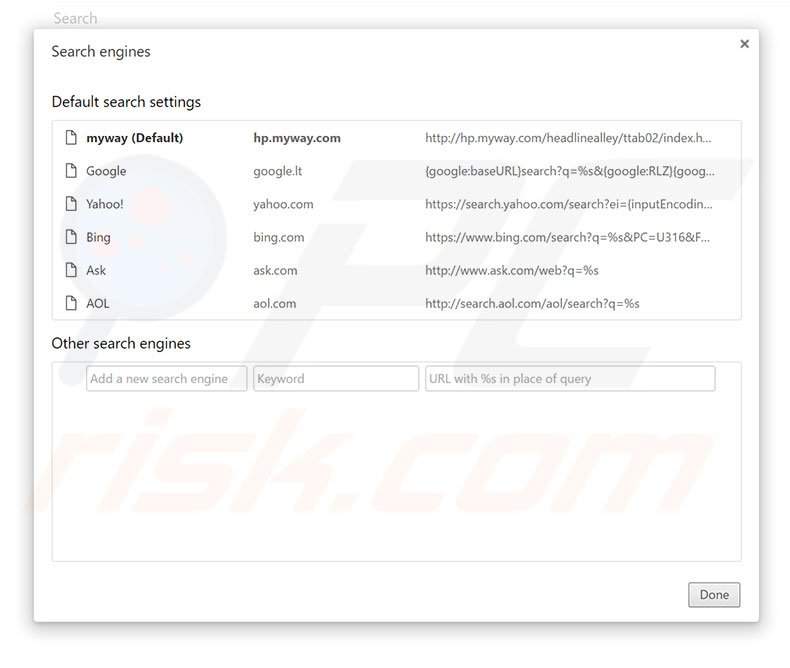 Removing hp.myway.com from Google Chrome default search engine