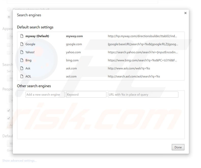 Removing hp.myway.com from Google Chrome default search engine