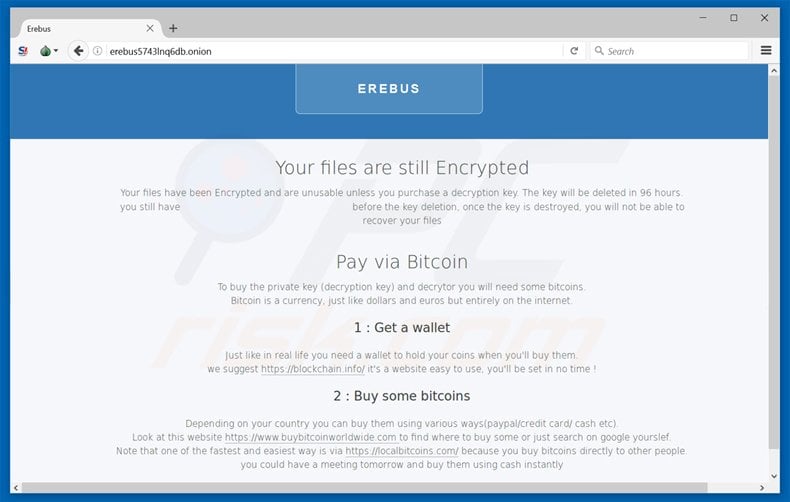 erebus ransomware tor website
