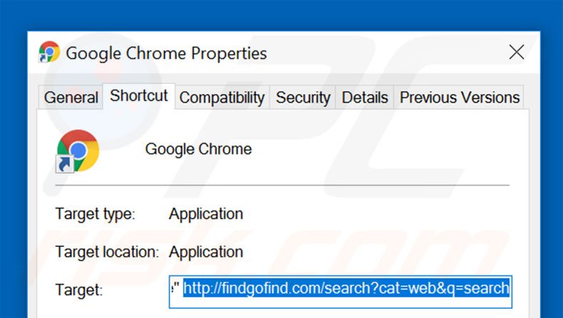 Removing findgofind.com from Google Chrome shortcut target step 2