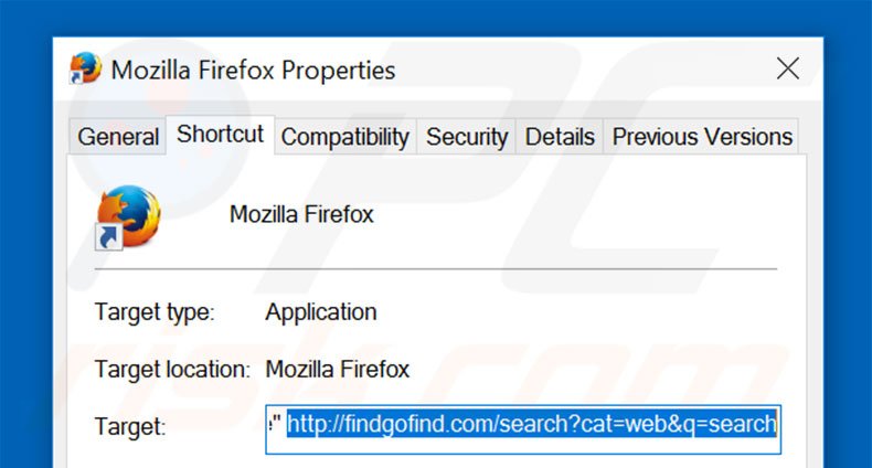 Removing findgofind.com from Mozilla Firefox shortcut target step 2