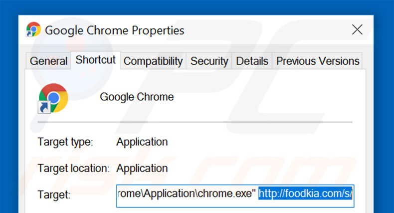 Removing foodkia.com from Google Chrome shortcut target step 2