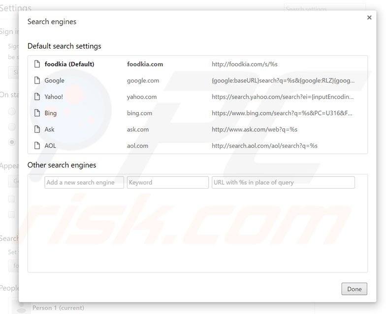 Removing foodkia.com from Google Chrome default search engine