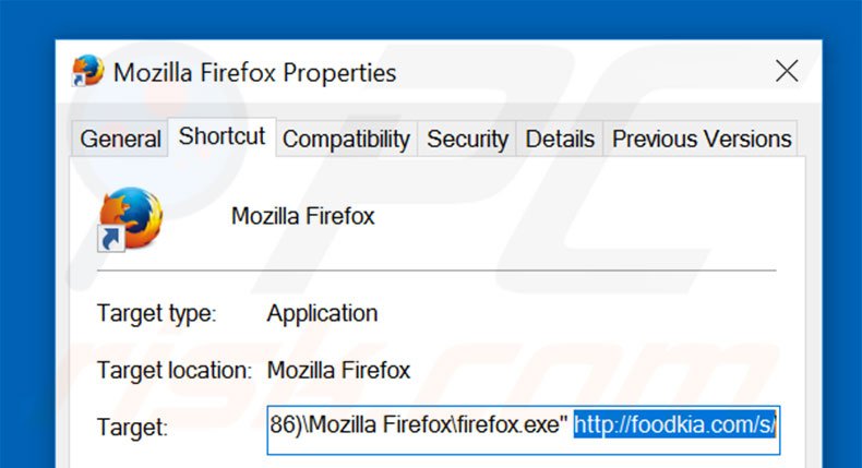 Removing foodkia.com from Mozilla Firefox shortcut target step 2