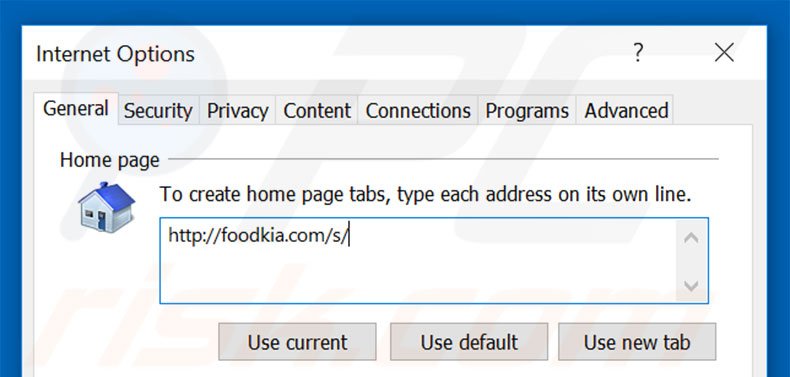 Removing foodkia.com from Internet Explorer homepage