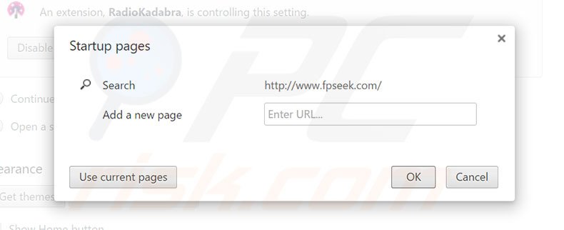 Removing fpseek.com from Google Chrome homepage