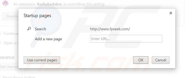 Removing fpseek.com from Google Chrome homepage