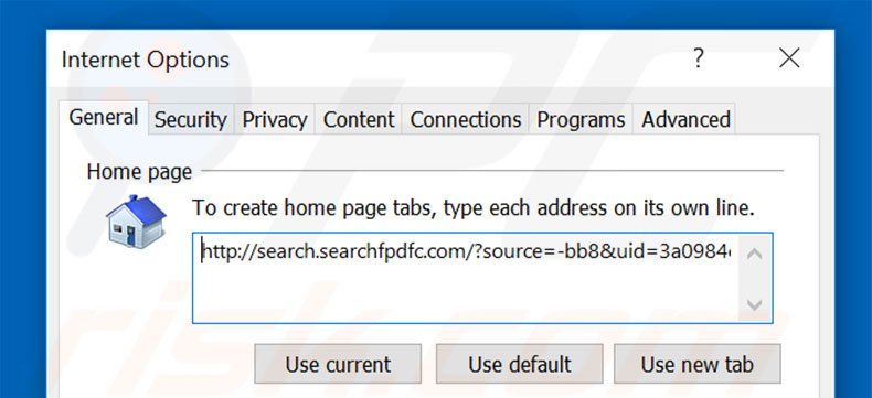 Removing search.searchfpdfc.com from Internet Explorer homepage