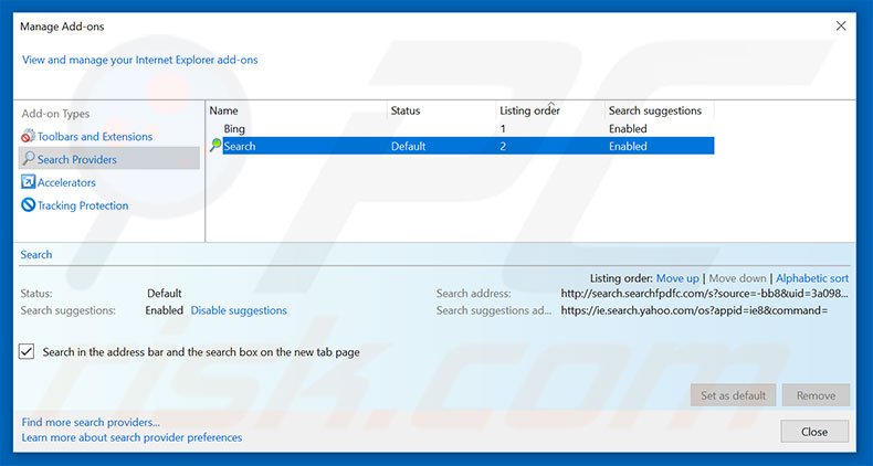 Removing search.searchfpdfc.com from Internet Explorer default search engine
